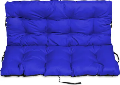 A blue tufted cushion for a garden bench.