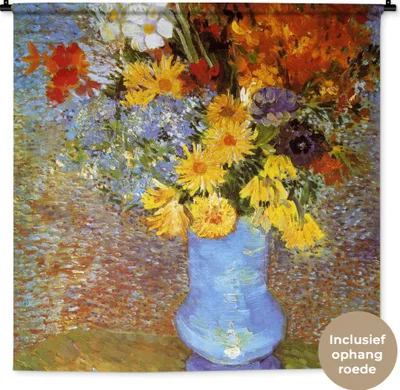 Produktbild von MuchoWow® Wandteppich Wandbehang Vase mit Gänseblümchen und Anemonen - Vincent van Gogh 150x150 cm Tapisserie Dekoration Wandtuch - Wohnaccessoires - Modernes