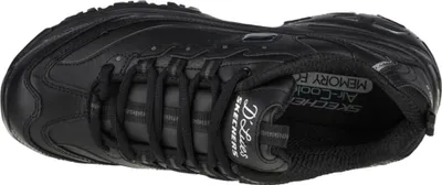 A top-down view of a black Skechers D'Lites sneaker.