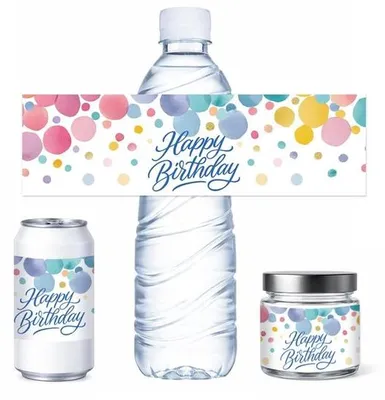 Produktbild von Dailygoods - Wasserflaschenetiketten, 100 Stück - Mehrfarbig - Dekorative Flaschenaufkleber - Wasserdichte Flaschenhüllen - Motiv: "Happy Birthday" - Abmessungen: 64 x 216 mm