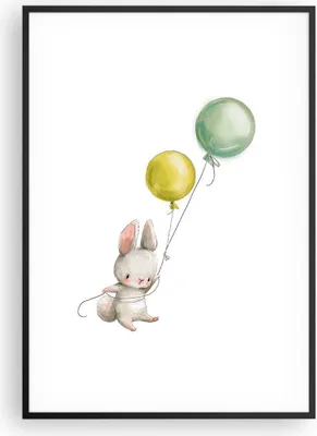 Produktbild von Gerahmtes Poster - Schwarzer Rahmen - Häschen Luftballons Kinder - 70x100 cm - Wand Bild - Wanddeko - Wandbilder - Kunstposter - Wandposter - Bilderrahmen - Bilder - Kunstdruck - P2BPA70x100-4731