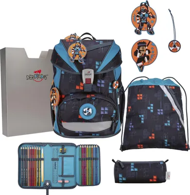 A collection of school supplies including a backpack, pencil case, and drawstring bag, all with a matching ninja fighter theme.