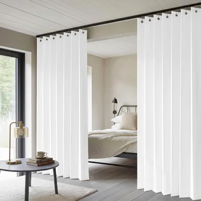 Produktbild von Vorhang Wasserdicht Raumteiler Faltbarer Türvorhang mit Haken Gardinen für Schlafzimmer Badezimmer Terrasse, 1 Stück, Weiß, B140xH200cm