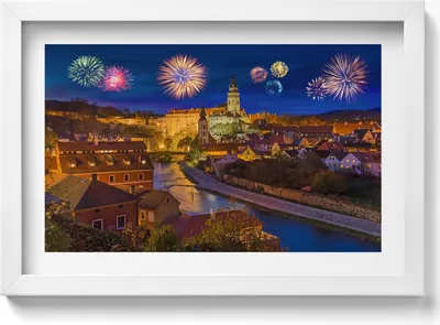Produktbild von Feuerwerk in Krumau (Tschechische Republik)– Wandbild mit Rahmen – Gerahmtes Bild  – Wanddekoration – 30x20 cm –  Weiß Rahmen