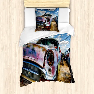Produktbild von ABAKUHAUS Jahrgang Mantele, Rusty Abandoned Cars, Milbensicher Allergiker geeignet mit Kissenbezügen, 135 cm x 200 cm - 80 x 80 cm, Pale Kaffee und Blau