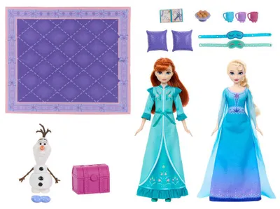Produktbild von Mattel Disney Die Eiskönigin Pyjamaparty Elsa und Anna Puppen-Set mit Olaf und 14 Zubehörteilen