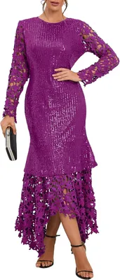 Produktbild von Abendkleid mit Pailletten, asymmetrisches Maxikleid mit Spitzen und langen Ärmeln sowie einem bodenlanger Saum