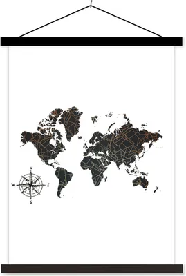 Produktbild von MuchoWow® Textilposter Weltkarte - Schwarz - Abstrakt 40x53 cm mit schwarzem Rahmen - Abbildung
