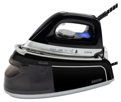 A black and silver steam iron station with a transparent water tank, shown from a three-quarter angle against a white background.