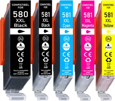 A set of five XXL compatible printer ink cartridges arranged in a row, each with its own label indicating the color and compatibility.