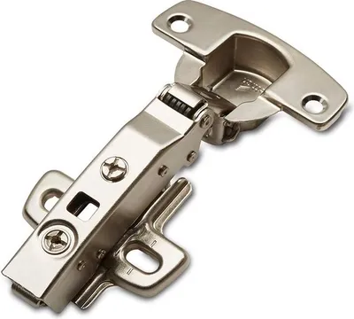 A close-up studio shot of a single cabinet hinge on a white background.