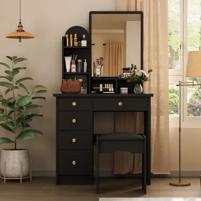 Produktbild von Schminktisch mit Hocker,Schminktische mit Spiegel,Frisiertisch mit 5 Schubladen für Make-up Kosmetiktisch mit Ablagen Schwarz 140 cm