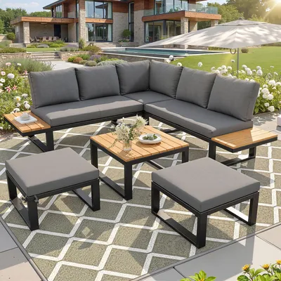 Immagine prodotto di Set da giardino Merax da 6 pezzi, divano ad angolo con schienale regolabile, tavolino e pouf, set di mobili da esterno con struttura in acciaio, grigio