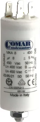 Produktbild von Motorbetriebskondensator COMAR MKA450, 8µF/450V, 6,3mm, 30x70mm