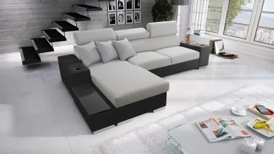 Produktbild von Ecksofa mit Schlaffunktion Eckcouch PERS I MINI Sofa (Hellgrau SAWANA 84 + schwarzes Kunstleder, Links)