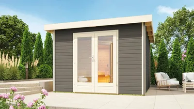 Produktbild von Saunahaus Karibu Sainburga 1 Set B ohne Ofen mit Vorraum und Holztüre mit Klarglas terragrau/weiß