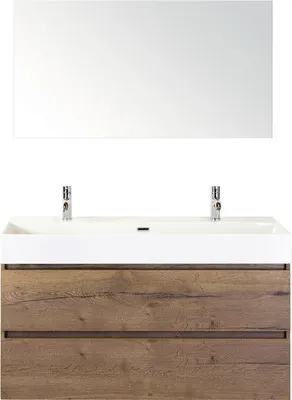 Produktbild von Badmöbel-Set Maxx XL 120 cm mit Keramikwaschtisch 2 Hahnlöcher und Spiegel Tabacco