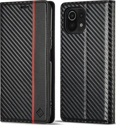 Obrázek produktu pro Pouzdro pro Xiaomi 11 Lite Karbónové kožené pouzdro s držákem karet, magnetem a stojánku černé Vertikální červené