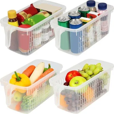 Produktbild von Famanu Aufbewahrungsbehälter mit Griffen - Küchenorganisation - Transparentes Plastik - 4 Stück - Für Kühlschrank und Schubladen