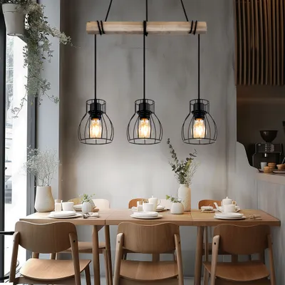 Produktbild von Pendelleuchte, höhenverstellbar, Holzbalken, Gitter, L 50 cm