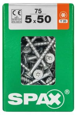 Produktbild von Packung mit 75 Spax Torx-Senkkopfschrauben aus Stahl, 5 mm Durchmesser x 50 mm Länge