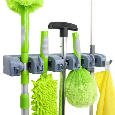 Productafbeelding van A. Eenvoudige, rechthoekige bezemhouder en opbergoplossing voor tuingereedschap, wandmontage