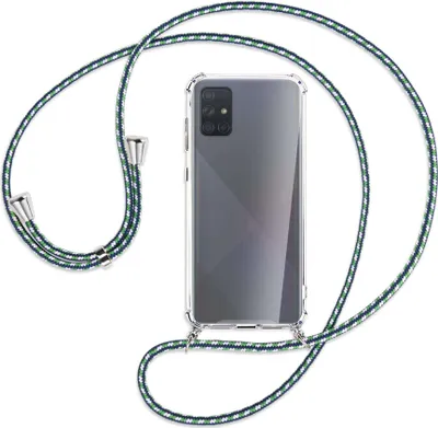 Produktbild von Handykette Backcover-Schutzhülle mit Band (Metall silberfarben) für Samsung Galaxy A71 (A715) - grün/blau/weiß