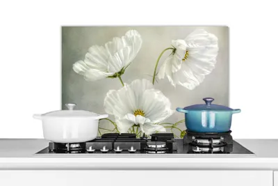Obrázek produktu pro KitchenYeah® Splashback kitchen - Kuchyňský splashback - Ochrana stěny sporáku a dřezu - Květiny - Zátiší - Mák - Bílý - Botanický 60x40 - Alu-Dibond (alternativa ke skleněnému splashbacku) - Tepelně odolný