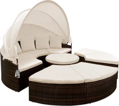 Produktbild von CASARIA® Sonnenliege Sonneninsel 230cm XXL Extra Groß Wetterfest Mit Dach & 4 Kissen Relaxliege Gartenmöbel Set Auflagen Gartenliege Outdoor Polyrattan Braun