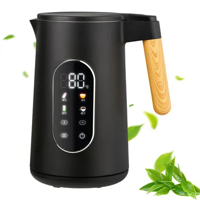 Produktbild von Wasserkocher mit Temperatureinstellung, 1.7L Teekocher, Holzoptik Griff, Touch-Display, 40-90°C, Abschaltautomatik, Edelstahl, Schwarz matt