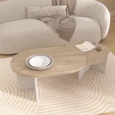 Obrázok produktu pre PARISOT BETTY, oválny konferenčný stolík s otočnou/modulárnou doskou, imitácia dubu a biela, 90–130,4 x 60 x 42,2 cm