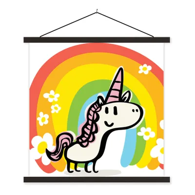 Produktbild von MuchoWow® Textilposter Eine Illustration eines Einhorns mit einem Regenbogen - Mädchen - Kinder - Kinder 120x120 cm mit schwarzem Rahmen - Aufhängungsset