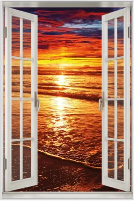 Produktbild von Wallario Wandbild mit Fenster-Illusion: Farbenfroher Sonnenuntergang über dem Meer II, Größe: 61 x 91,5 cm, Poster mit weißem Aluminiumrahmen