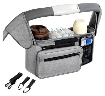 Produktbild von Universal Kinderwagen Organizer mit 2 isolierten Getränkehaltern, Buggy Organizer, Kinderwagentaschen mit Reißverschlusstasche, Schultergurt und rutschfesten Haken in Grau