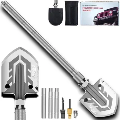 Productafbeelding van Multifuntionele Camping Schop - Opvouwbare en Afneembare Spade Kit met Tas - Inclusief Flesopener, Vuurstarter, Schroevendraaier en Over