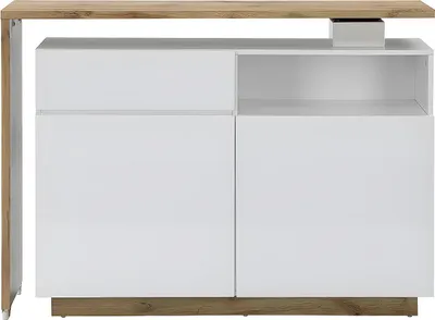 Produktbild von Drehbarer Barschrank ELDIR - 2 Türen mit 1 Schublade und 1 Nische - MDF - weiß glänzend und eichefarben