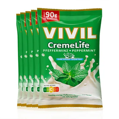 Produktbild von VIVIL Creme Life Pfefferminz Sahnebonbons ohne Zucker | 5 Beutel x 90g