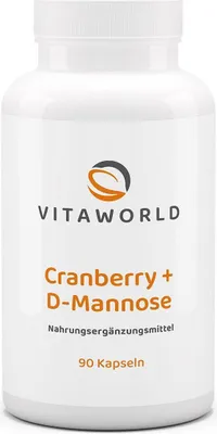 Obrázek produktu pro Vitaworld Brusinky + D-manóza | 90 kapslí | s L-methioninem a zinkem | 25 % proanthokyanidinů z brusinek | veganské produkty