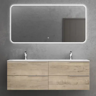 Produktbild von doporro Badmöbelset Waschbeckenunterschrank in Eiche Greige 144x48x52cm Unterschrank mit Mineralguss-Doppelwaschbecken Badezimmer mit 4 Schubladen inkl. LED-Spiegel Vanessa