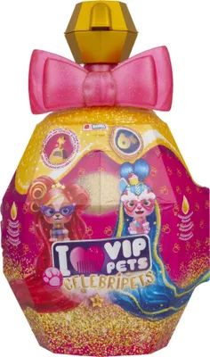 A toy product packaging shaped like a perfume bottle, with glitter and images of cartoon pets.