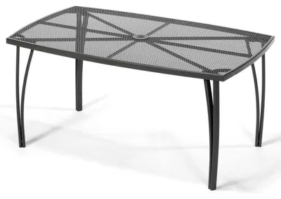 Image de Cette table de jardin rectangulaire, mesurant 150 x 90 x 71 cm, est fabriquée en métal et présente une finition laquée noire.