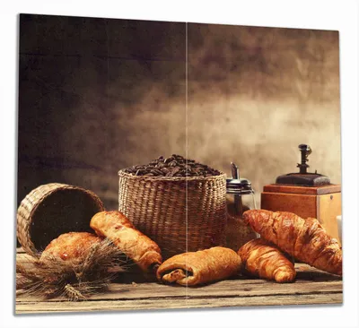 Produktbild von Wallario Herdabdeckplatte aus Glas, Größe 60 x 52 cm 2-teilig, Motiv Französisches Frühstück mit Café und Croissants