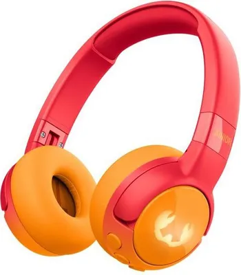 A pair of red and orange wireless headphones.