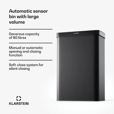 Obrázok produktu pre Klarstein bezdotykový 60 L senzorový odpadkový kôš, matná čierna - Soft-close veko, LED ovládací panel, 2-komorový odpadkový kôš do kuchyne - odpadkový kôš s 2 priehradkami