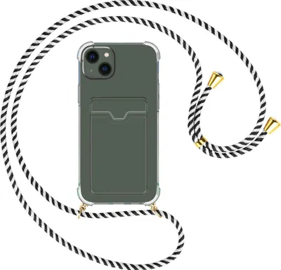 Produktbild von Handykette Backcover-Schutzhülle mit Band (Metall goldfarben) für Apple iPhone 15 Plus - schwarz/weiß gestreift