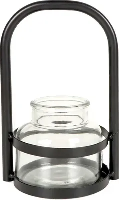Produktbild von Windlicht im Metallständer, Glas-Einsatz für Teelichter oder Stumpenkerzen, im Industrial-Design, zum Stellen oder Hängen, H 26 cm