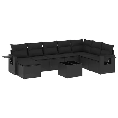 Produktbild von 9-tlg. Garten-Lounge-Set, modulares Outdoor-Sofa mit Kissen, Schwarz, PE-Rattan, Hartglas-Tisch, UV-beständig