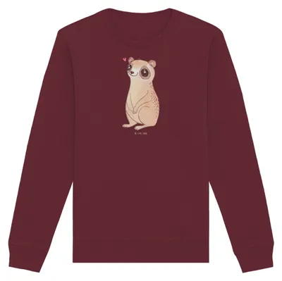 Produktbild von Mr. & Mrs. Panda Organic Sweater Plumplori Glücklich Größe XS - Burgundy - Geschenk, Pulli, Baumwoll Pullover, Bio, Glück, Sweatshirt, Niedlich, Lustige Sprüche