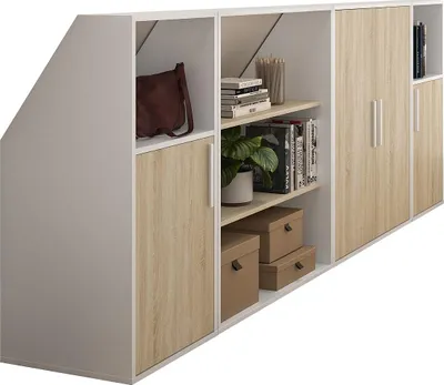 Produktbild von 4-türiger Schrägschrank mit 2 Einlegeböden und 2 Nischen - Weiß und natur - ADEZIO
