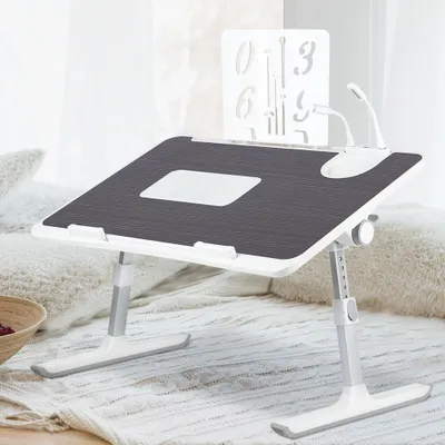 Produktbild von Laptoptisch für Bett,Höhenverstellbar,Laptop Betttisch Klappbar mit Laptop Kühler,Schlitz,Licht und Ventilator,Notebooktisch für Bett 60x40x26-39cm